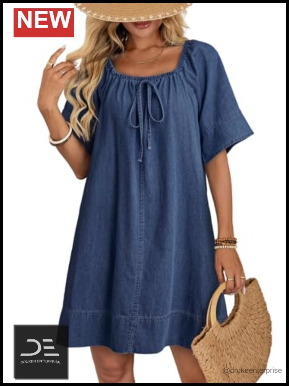 Lightweight Flowy Cotton Denim Dress Tie Knot Square Neck Casual Summer